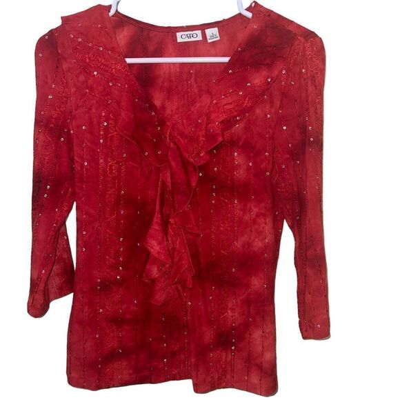 CATO Red Tie Dye Ruffle Top with Sequins - Size Small‎ - Picture 1 of 9